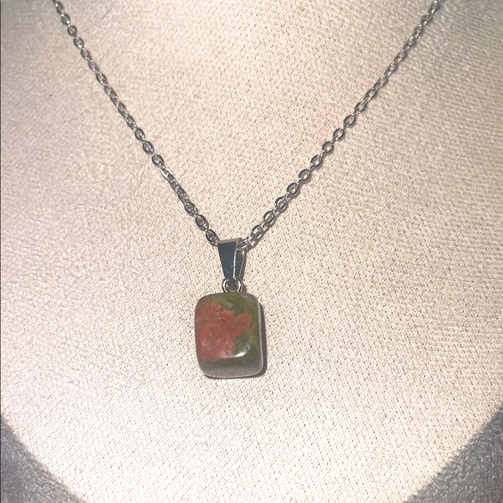 Silver Necklace with Unakite stone Pendant